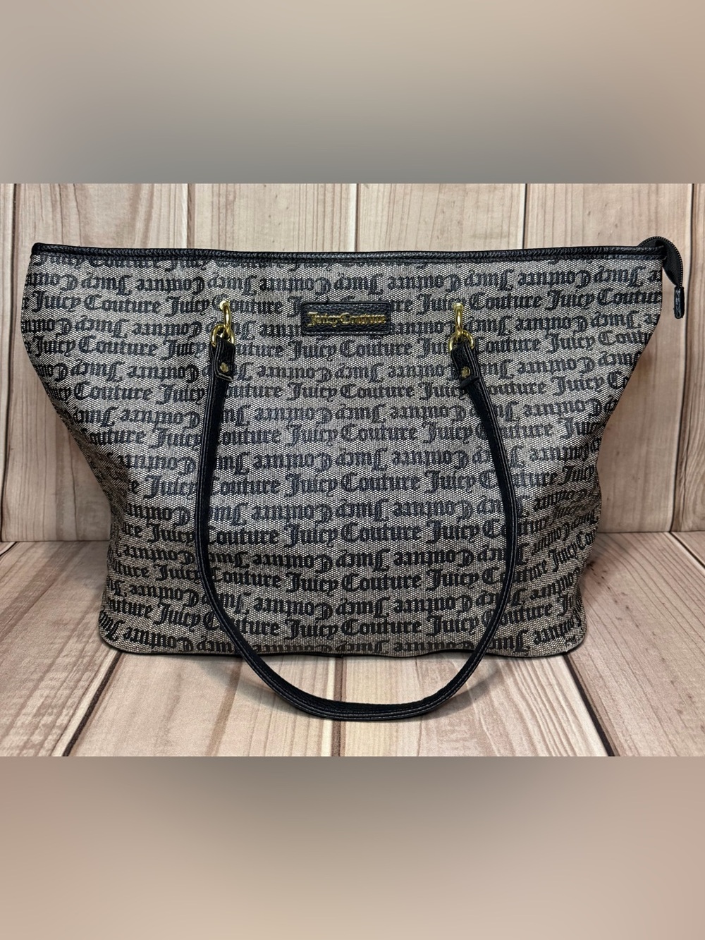 Juicy Couture Script Signature Large Shoulder Tote Bag Black & Gray